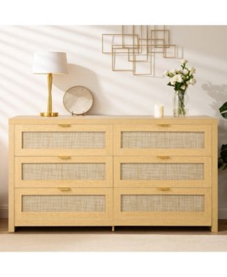 6 Drawer Rattan Dresser, Natural Rattan Chest with Metal Handle for Bedroom