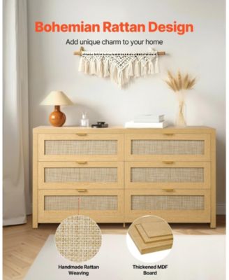 6 Drawer Rattan Dresser, Natural Rattan Chest with Metal Handle for Bedroom