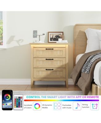 Farmhouse Drawer Dresser with Charging Station and LED Lights, Slim Wooden Bedroom Dresser
