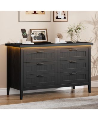 Farmhouse Drawer Dresser with Charging Station and LED Lights, Slim Wooden Bedroom Dresser