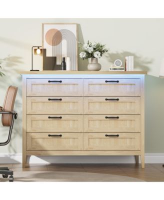 Farmhouse Drawer Dresser with Charging Station and LED Lights, Slim Wooden Bedroom Dresser