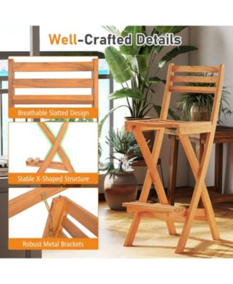 Folding Acacia Wood Bar Height Chair Set of 2 with Backrest and Footrest