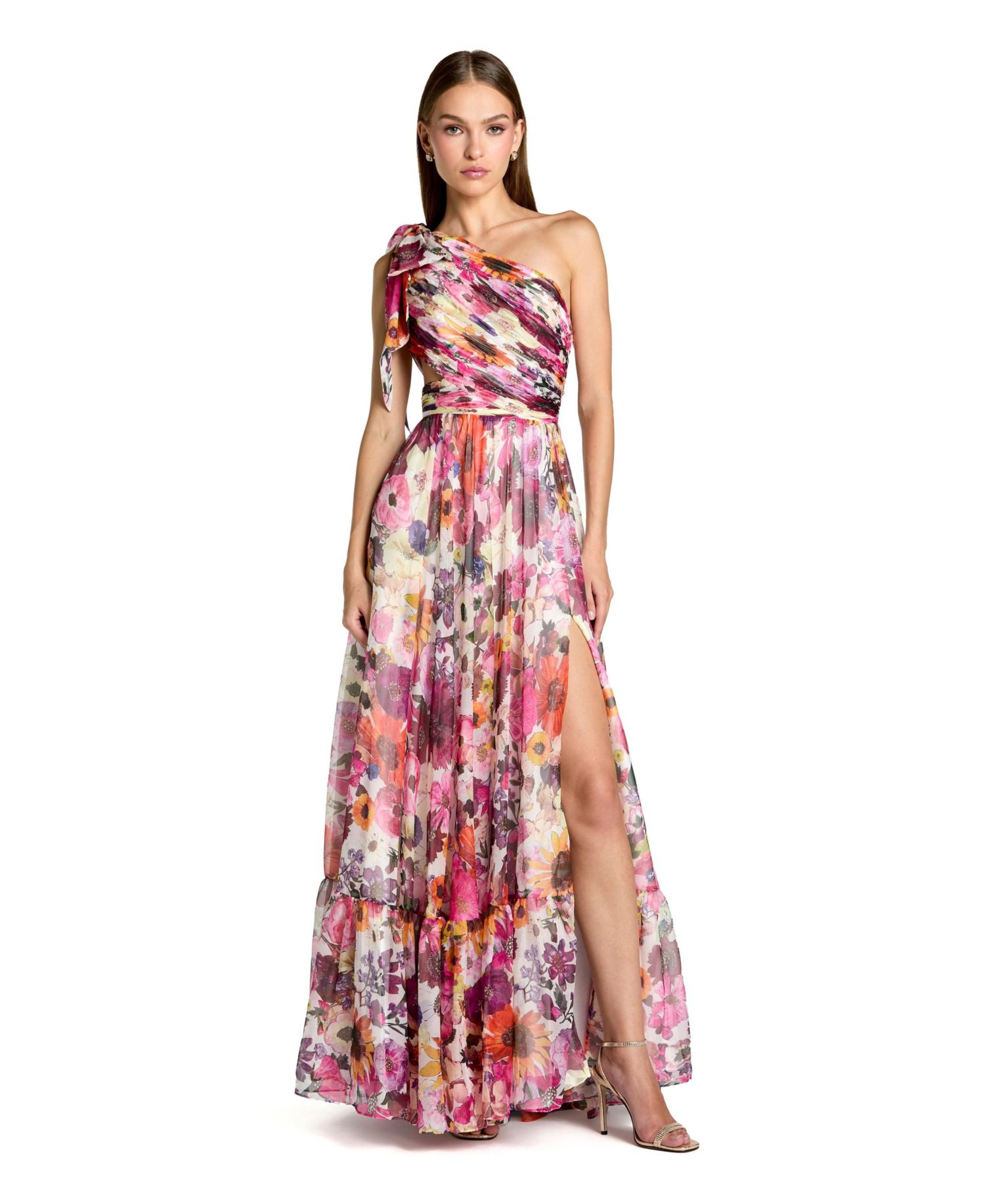 Women's Side Cut Out One-Shoulder Floral Chiffon Gown