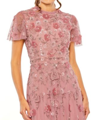 Petite Embellished High Neck A-Line Dress with Flutter Sleeves