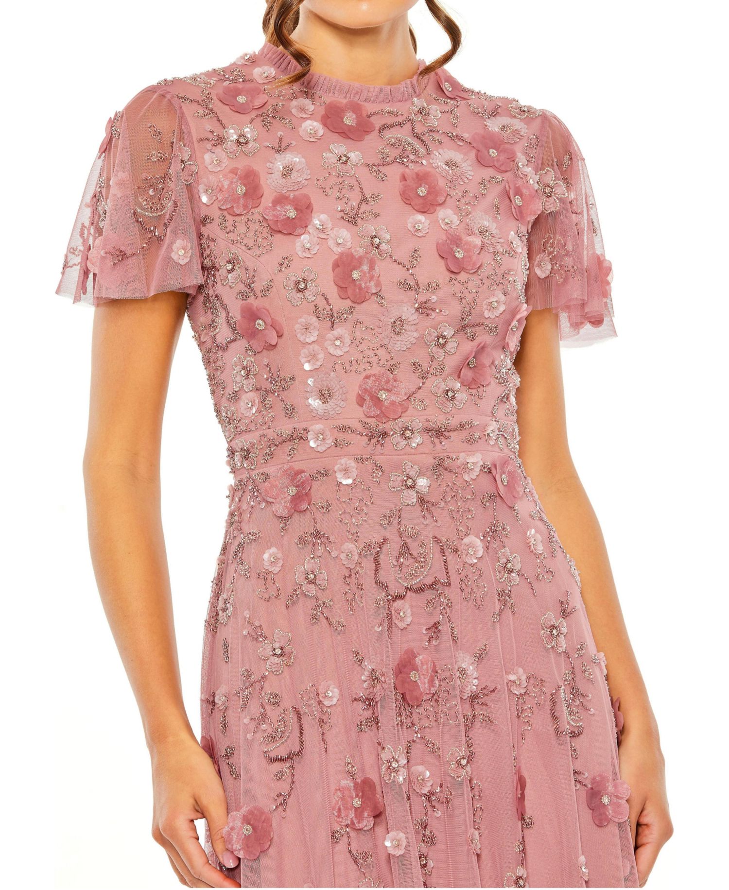 Petite Embellished High Neck A-Line Dress with Flutter Sleeves