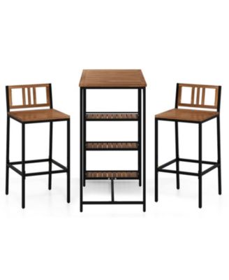 3-Piece Acacia Wood Outdoor Bar Set with 3-Tier Storage Shelf and Metal Frame