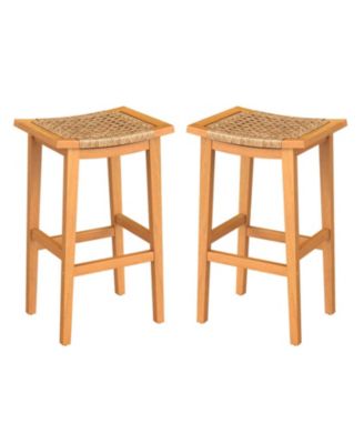 Acacia Wood Outdoor Bar Stools Set of 2 with Woven Rattan Seats