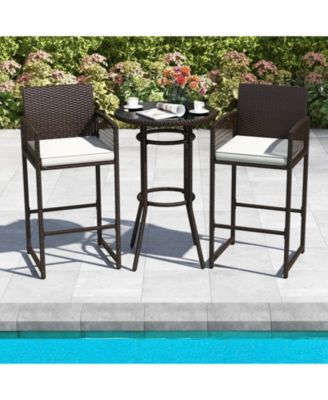 3-Piece Wicker Outdoor Bar Set with Round Tempered Glass Table and Armchairs