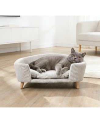 Zeus and Ruta Elevated Cat Bed Frame for Kittens/Cats with Corduroy Cat Couch, Rubber Wood Legs, Supportive Foam