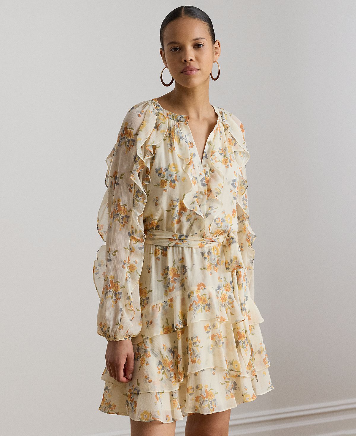 Lauren Ralph Lauren Women's Band Collar Floral Ruffle-Trim Tiered Dress view 3 — MAYCSS fashion products