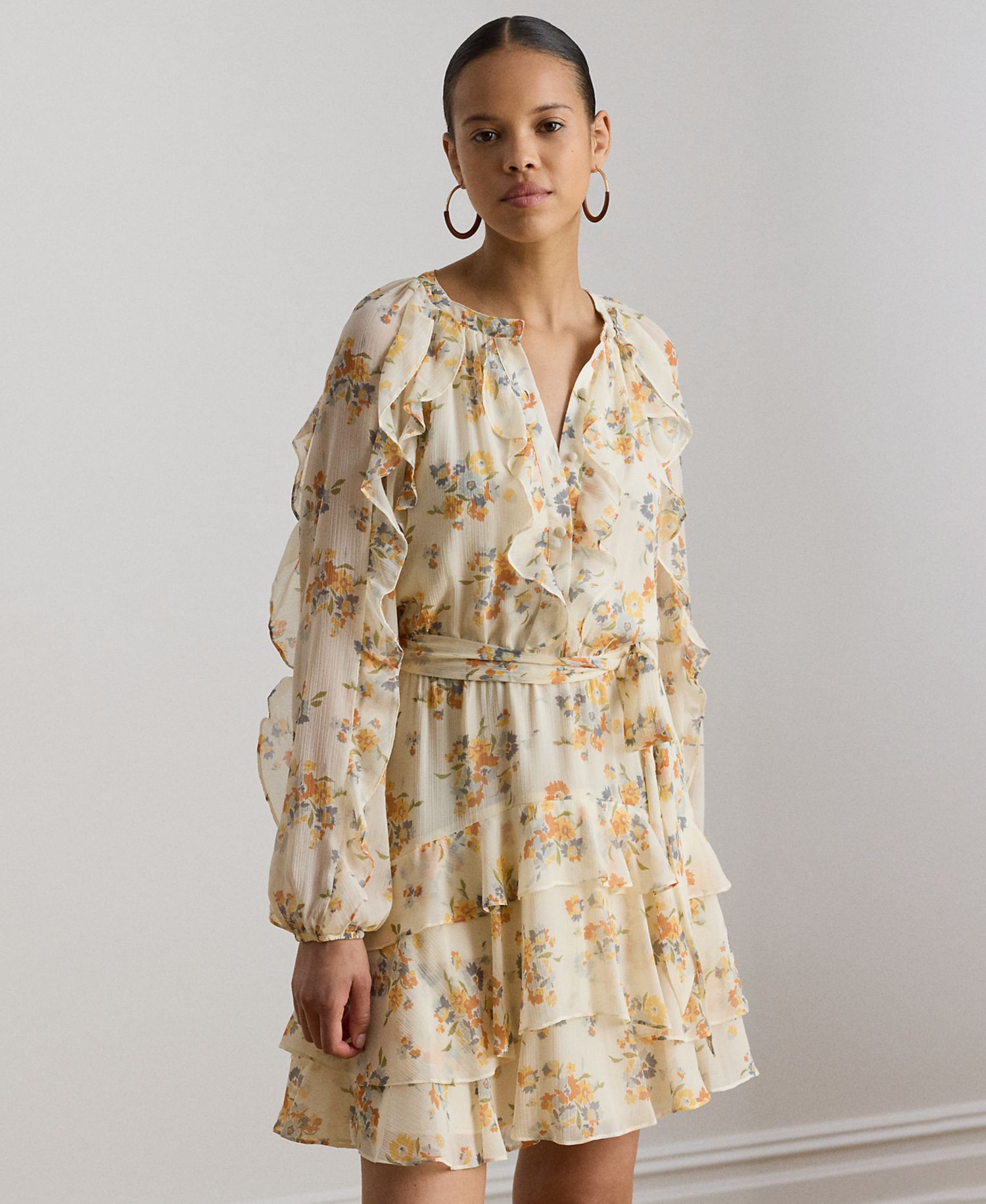 Petite Band Collar Floral Ruffle-Trim Tiered Dress