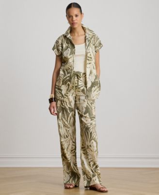 Petite High-Rise Palm-Frond-Print Wide-Leg Pants