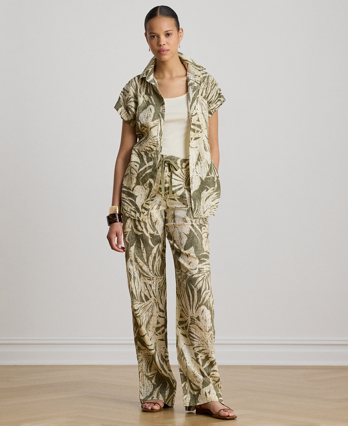 Lauren Ralph Petite High-Rise Palm-Frond-Print Wide-Leg Pants