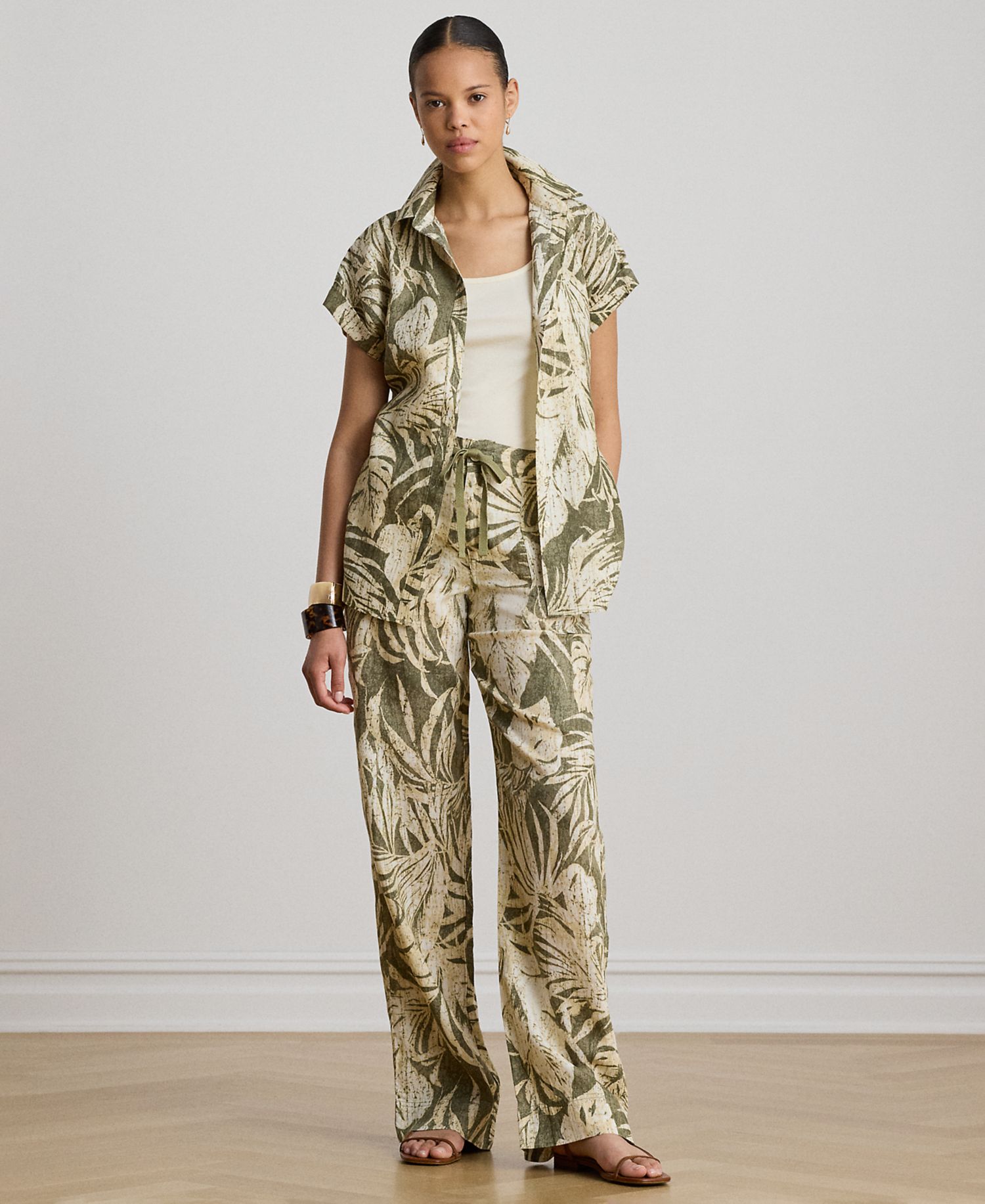 Women's Mid-Rise Palm-Frond-Print Wide-Leg Pants