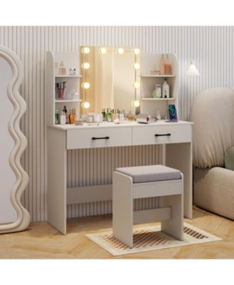 Vanity Set with Lighted Mirror Stool and Power Outlet