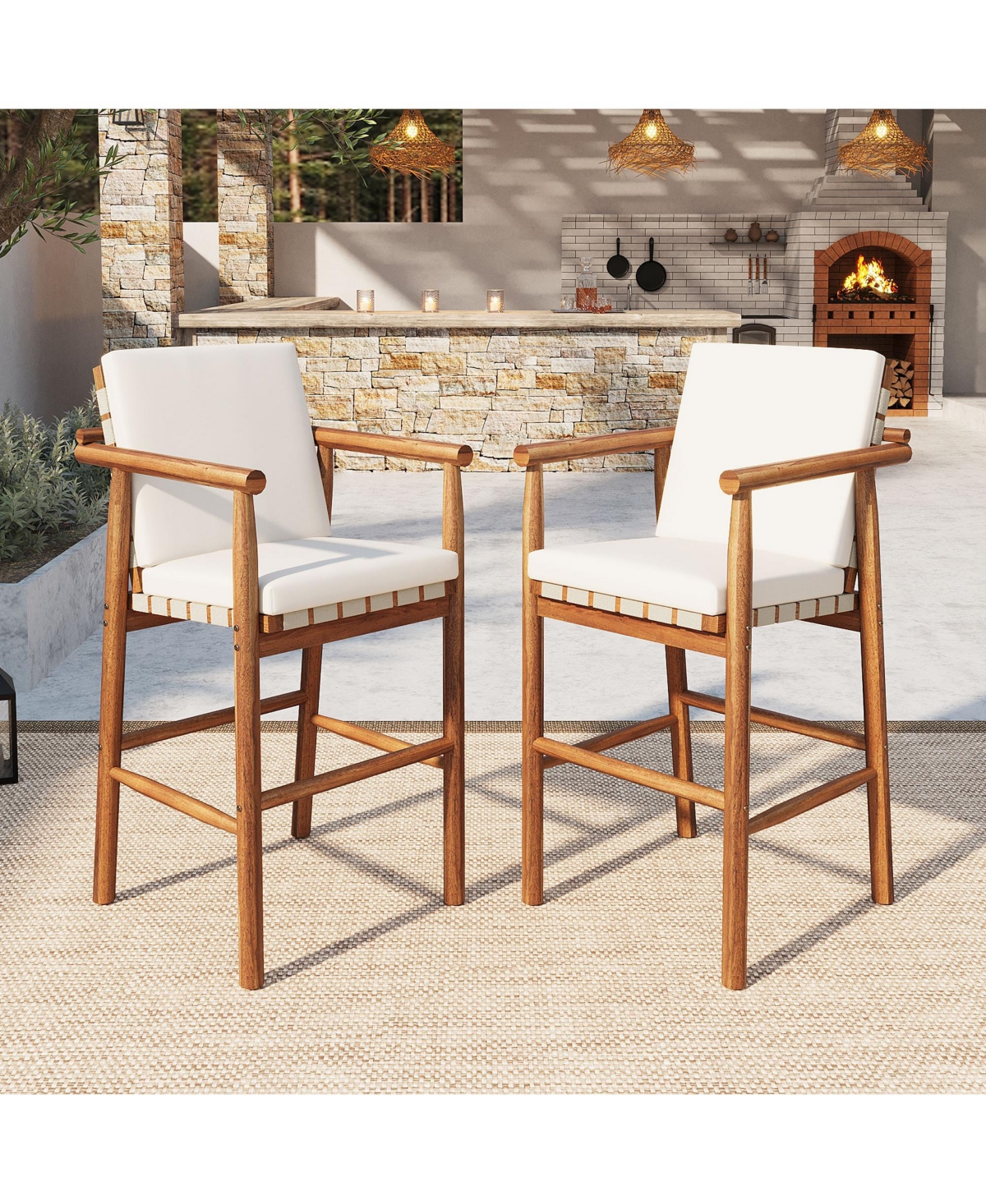 sumyeg Set of 2 Outdoor Counter Height Bar Stools with Acacia Wood Frame, Backrest and Webbing Seat