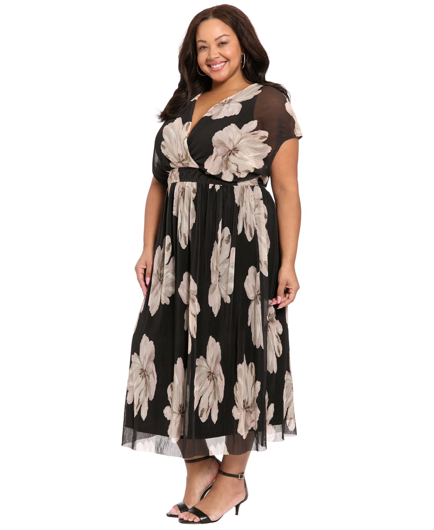Plus Size Short-Sleeve V-Neck Pleated Maxi Dress