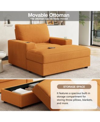 42.8" Corduroy Sleeper Couch with Storage Ottoman, Cup Holders and USB Charging, Oversized Chaise Lounge Sofa Bed for Living Room