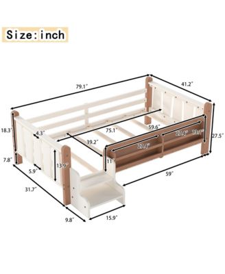 Kids Floor Bed Frame with Storage Bookcases and Stairs, Twin Size Solid Wood Low Profile Bed with Guardrails for Boys Girls