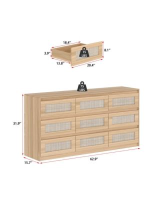 9-Drawer Rattan Bedroom Dresser, Modern Chest with Deep Drawers
