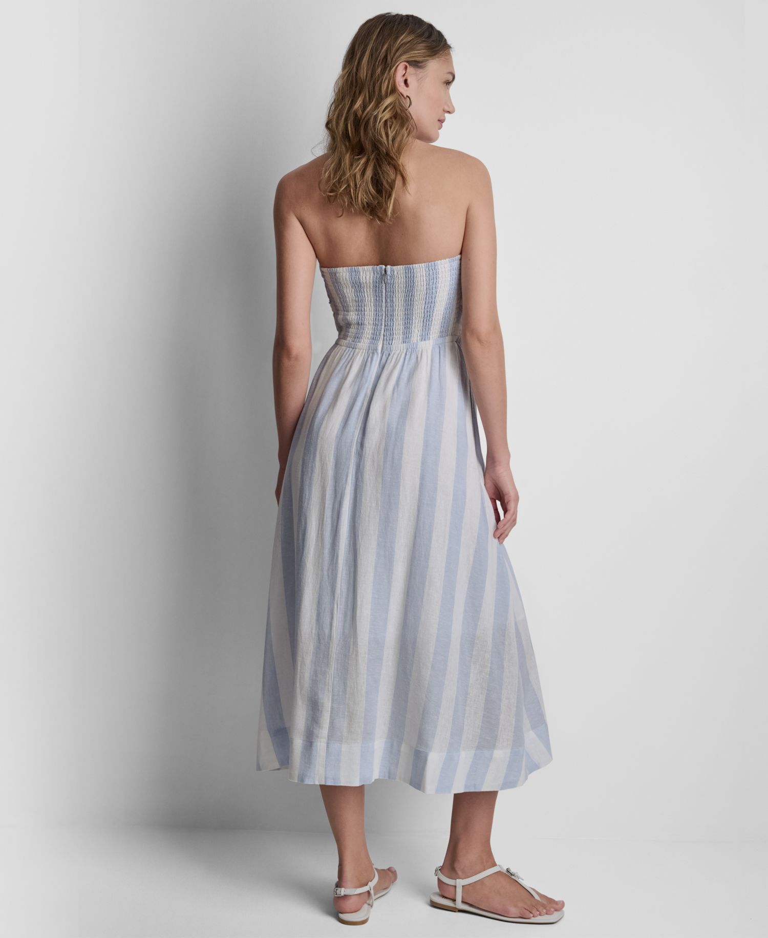 Women's Striped Strapless Linen-Blend Midi Dress
