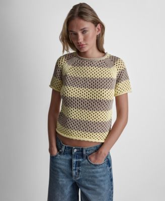 Women's Short-Sleeve Raglan Stripe Pointelle Pull-On Sweater