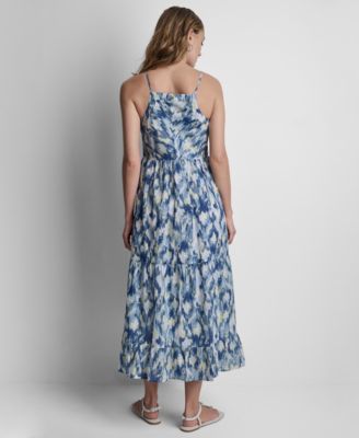 DKNY Women's Printed Tiered Midi Tank Dress in Ikat Blur Chambray