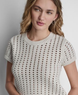 Women's Short-Sleeve Chunky Pointelle Crewneck Sweater 