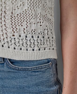 Women's Short Sleeve Crew Neck Floral Pointelle Cardigan