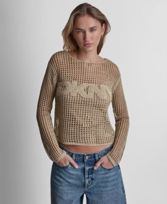 Women's Long-Sleeve Pointelle crochet open-stitch Boat Neck Logo Sweater 