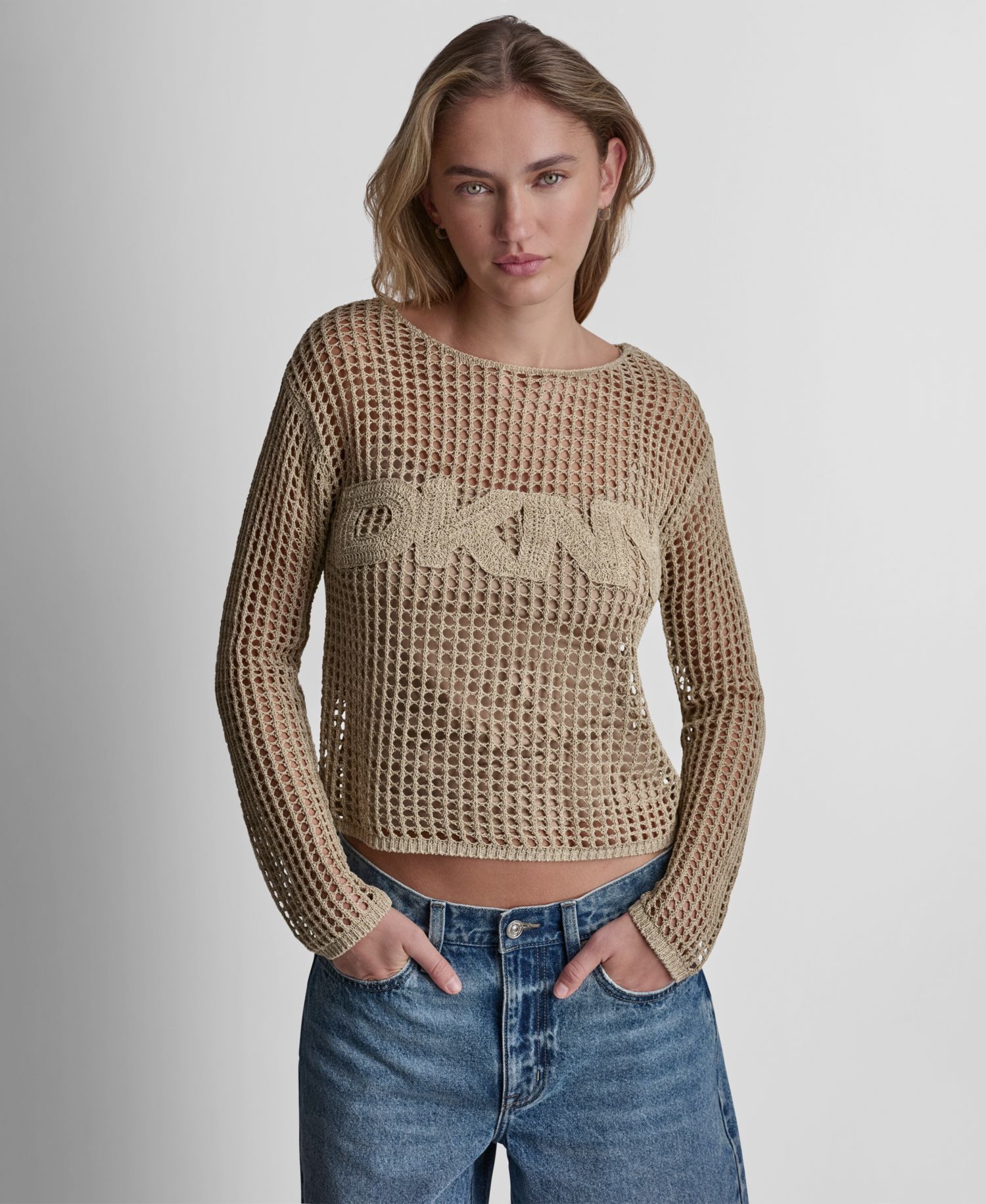Petite Long-Sleeve Pointelle Crochet Open-Stitch Boat Neck Logo Sweater