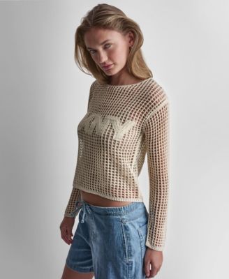 Women's Long-Sleeve Pointelle crochet open-stitch Boat Neck Logo Sweater 