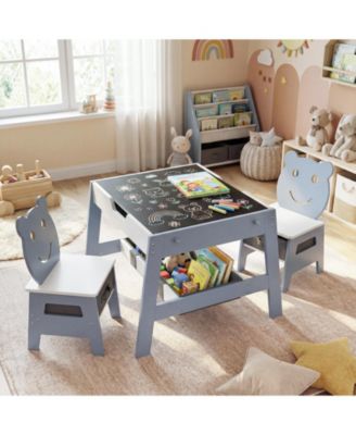 Toddler Table and 2 Chairs 5-in-1 Cute Art Desk Set with Reversible Chalkboard Whiteboard