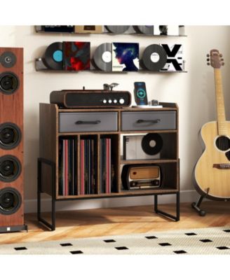 Mid Century Modern Record Player Stand with Charging Station