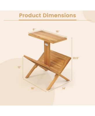 Teak Wood 2-Tier Side Table with Built-In Magazine Rack
