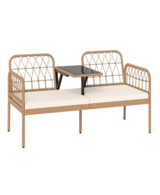 Outdoor PE Rattan Loveseat with Built In Table and Cushions