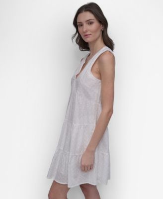 Women's  Sleeveless Eyelet V-Neck Tiered Pull-On Dress