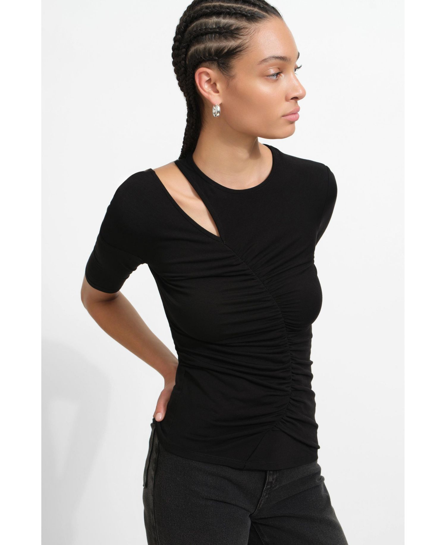 Women's Paz Shoulder-Cutout Crew-Neck Gathered Jersey Elbow-Sleeve Top