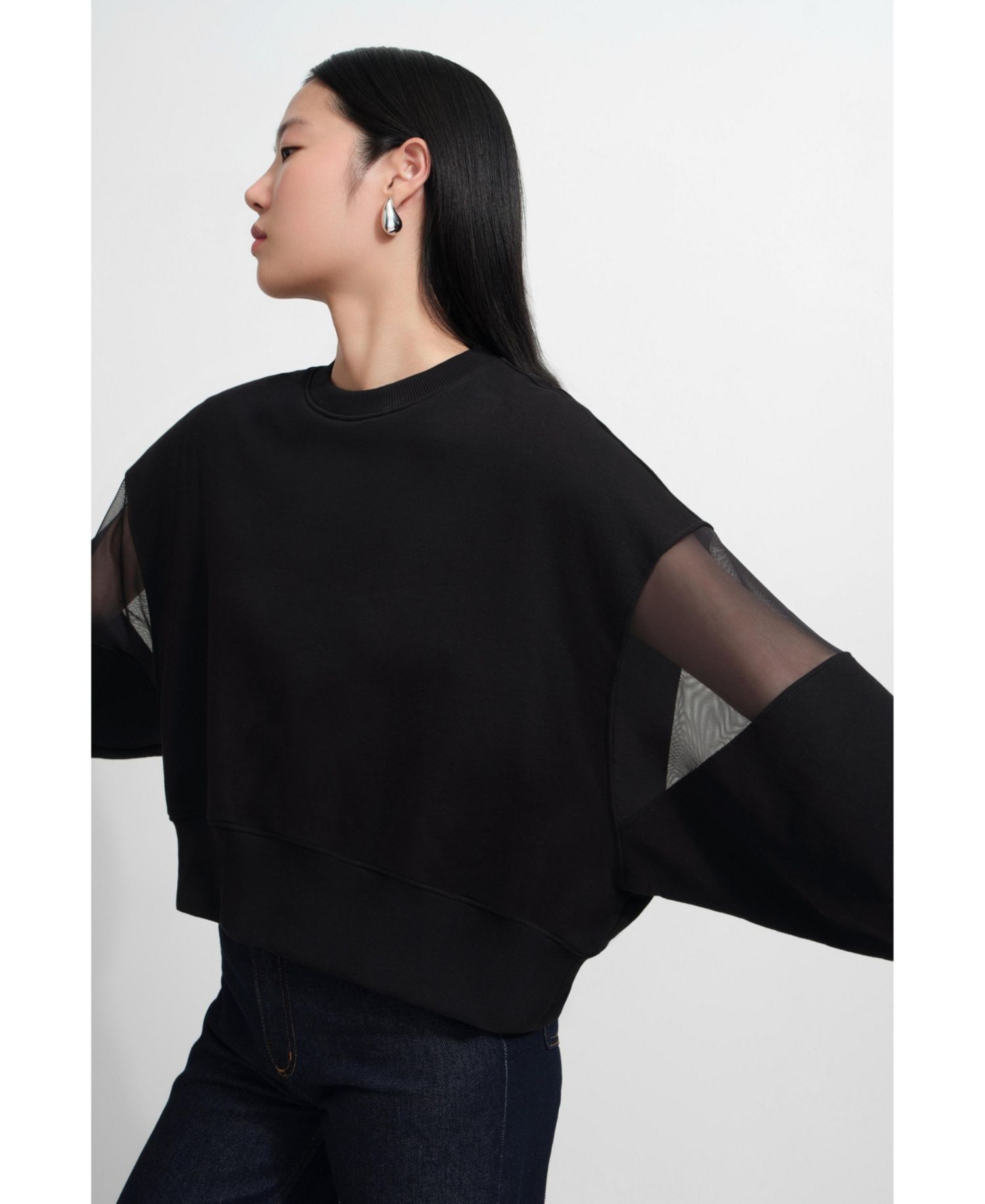 Women's Iara Mesh-Sleeve Panel Dropped-Shoulder Ribbed-Hem Sweatshirt