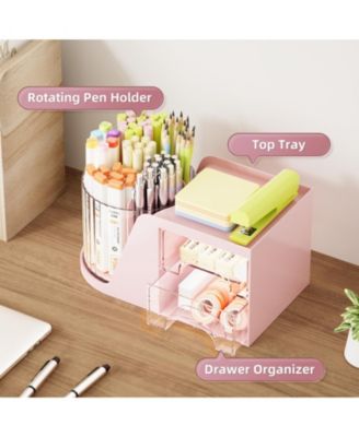 Desk Organizer Rotating Pen Holder 2 Drawer Storage 6 slots