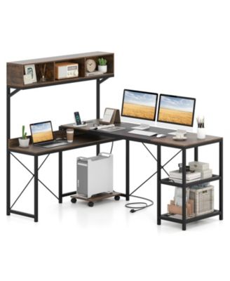 62 Inch Brown L Shaped Desk with Power Outlet and Storage Hutch