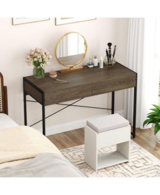 44” Home Oak Office Desk with 2 Storage Drawers and Metal Frame