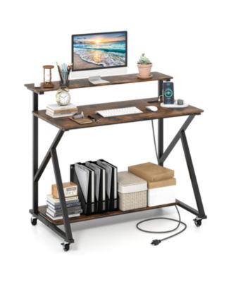 Rolling Workstation Desk with Monitor Shelf and Charging Storage