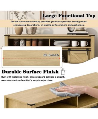 Farmhouse Buffet Cabinet with Sliding Barn Doors, Mesh Panels and Open Storage Cubbies for Living Room, Kitchen and Dining Room