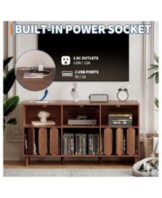 Record Player Stand with Charging Station and Vinyl Storage