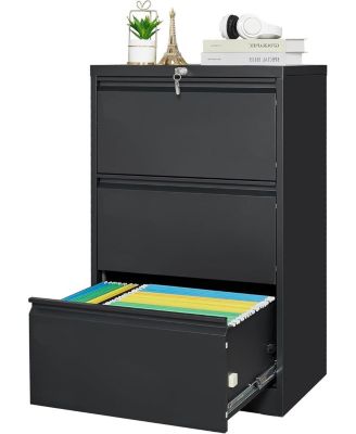 Lateral Steel Filing Cabinet with 3 Locking Drawers and Card Holder