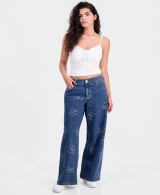 Juniors' Allover Hibiscus Wide-Leg Jeans 