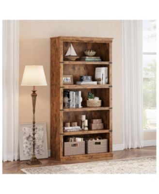 5 Tier Farmhouse Bookcase with Open Shelves and Storage
