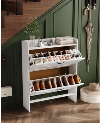 Farmhouse Shoe Cabinet with 2 Flip Drawers, White, Slim Entryway Storage with Metal Legs