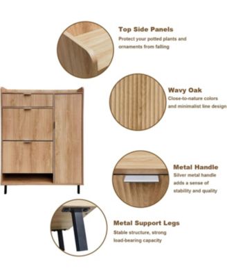 Oak Wavy Shoe Cabinet with 2 Flip Drawers and 2 Small Drawers, Metal Legs, 9.45 in Deep Slim Entryway Storage Organizer